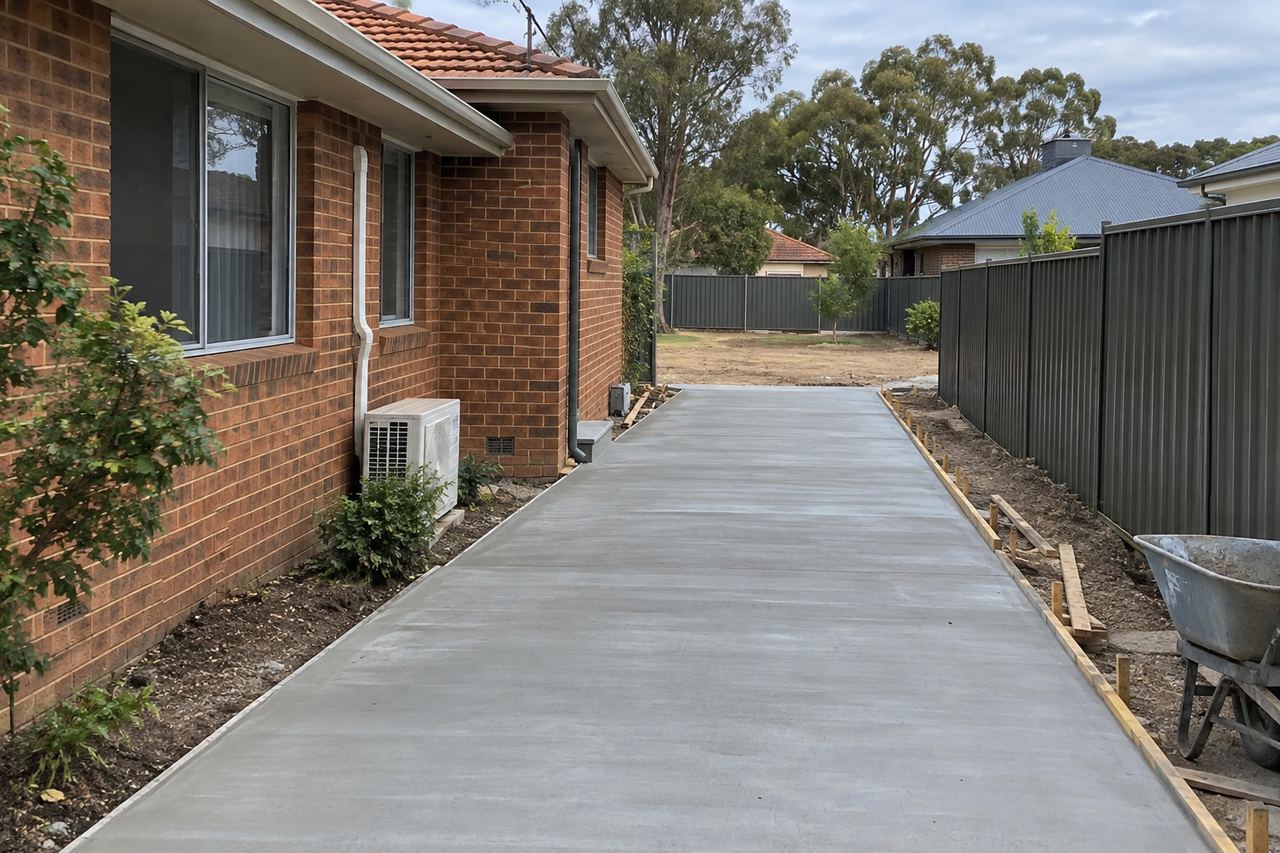 A freshly poured concrete driveway beside a brick house leading to a cleared rear lot