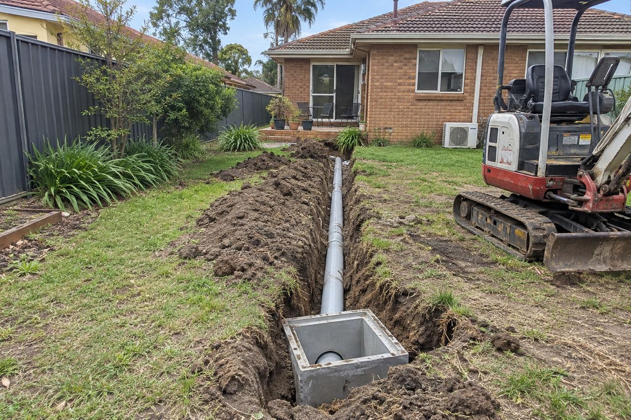 A trench with new stormwater pipe and a concrete pit, a mini excavator beside it