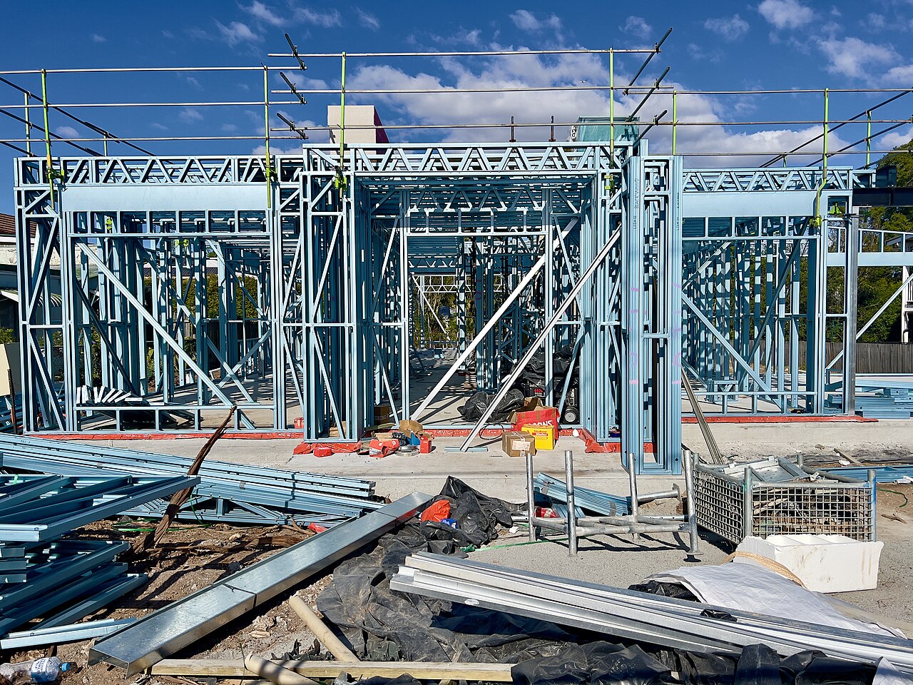 The steel frame of a new house going up