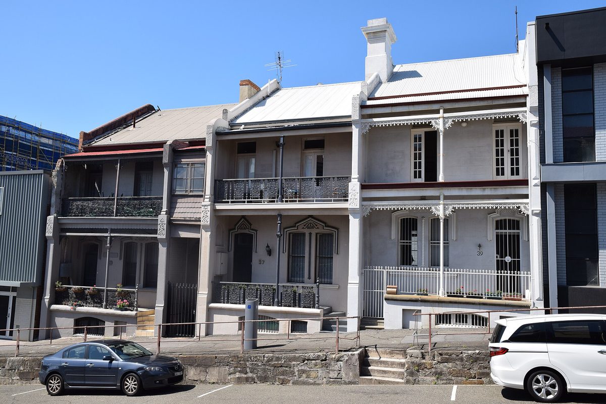 Two-storey Victorian terrace houses with iron lace balconies in Newcastle East